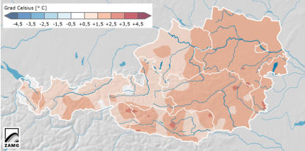 Temperatur Dezember 2013: Abweichung der Temperatur vom vieljhrigen Mittel 1981-2010. Quelle ZAMG.