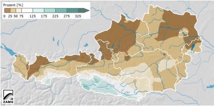 Niederschlag Dezember 2013: Vergleich des Niederschlags mit dem vieljhrigen Mittel 1981-2010. 100 Prozent entsprechen dem Mittel. Quelle ZAMG.